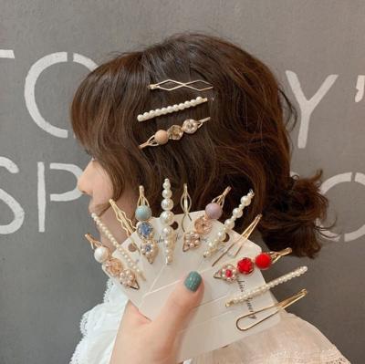 China Pearl+Metal one word clip set pearl crushed edge stone clip temperament clip soft hair girl hairpins for sale