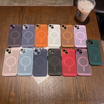 China Shockproof Hot sale fine hole heat dissipation phone case honeycomb magnetic absorption metal case for iPhone 11 12pro 13 14pro max case for sale