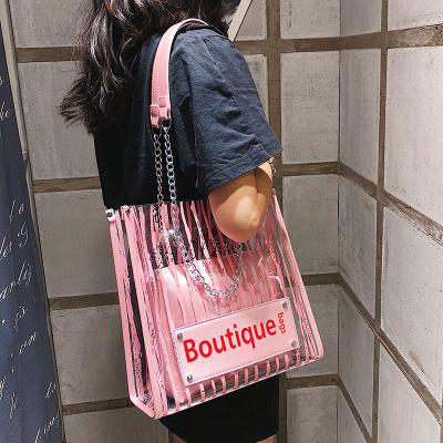 China Logo Women Waterproof Fashion Custom Transparent Waterproof 2 Pieces Set PVC Handbag Ladies Large Capacity Clear Cosmetic Tote Bag for sale