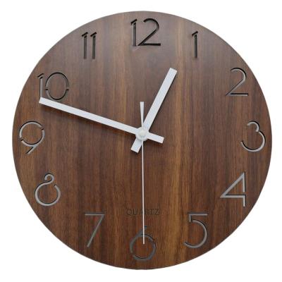 China Vintage Style Digital Art Hollow Wooden 3D Creative Living Room Simple Wall Clock Brown Walnut Antique Wall Clock for sale