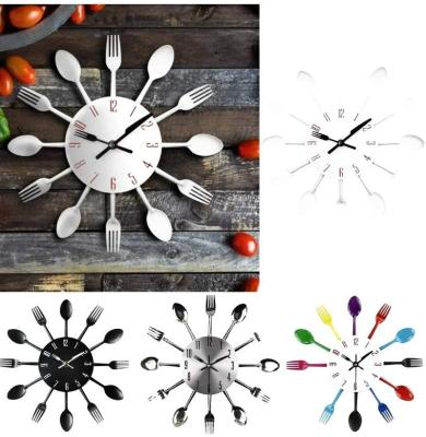 China Creative Antique Style Metal Stainless Steel Furniture Knife and Fork Tray Wall Clock Quartz Living Wall Clock for sale