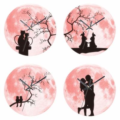 China Antique Pink Creative Wall Couples Wedding Decoration Home Novelty Style 30cm Fluorescent Moon Clock for sale