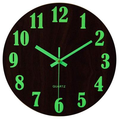 China Antique Style Night Light Wooden Silent Non-ticking Decorative Wall Clock 12 Inch Wooden Luminous Clock for sale