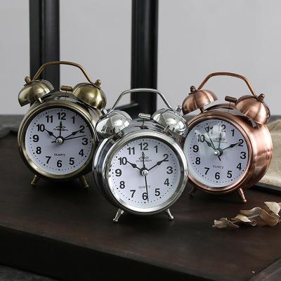 China LUMINOVA 4 Inch Copper Table Clock Vintage Twin Bell Alarm Clock With Led Night for sale