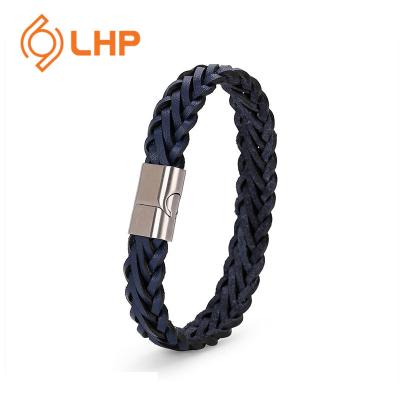 China Custom Made Genuine Calfskin Stainless Steel Logo Bracelet High Quality Leather Black Braided Leather Bracelet Exquisite FASHIONABLE Buckle High Quality Men's Bracelet for sale