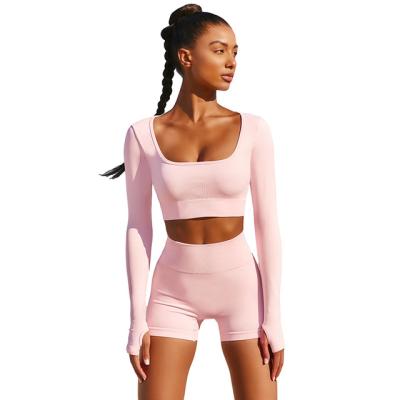 China Summer Breathable Breathable Yoga Set Women Two 2 Piece Pink Long Sleeve Crop Top T-Shirt Shorts for sale