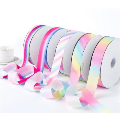 China Custom 4.0cm Wide Viable Gradient Rainbow Print Webbed Yarn With Numbered And Thick Bow Lace Gift Ribbons for sale