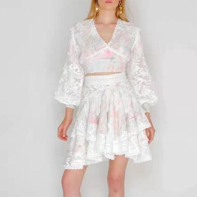 China Viable White Lace V-Neck Short Skirt Crochet Flower Hollow Suit Short Top Casual Dress for sale