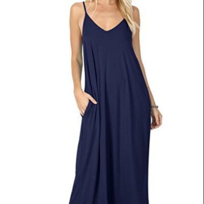 China Women's Anti-Static Sundress Solid Color Elegant Loose Waist V Neck Halter Tie Sleeveless A Line Long Casual Dress for sale