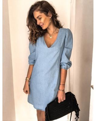 China Anti-Static Summer Plus Size Solid Color Casual Dress Office Denim V Neck Ripe Half Sleeve Loose Wrist Mini Office for sale