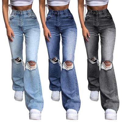 China Viable Sellable High Waist Casual Slim Fit Distressed Pants Denim Plus Size Wide Leg Ripped Fashion Jeans for sale