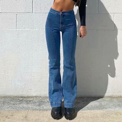 China Wholesale 2021 viable ladies blue waist high plus size street style cut line retro wide leg denim flare jeans for sale