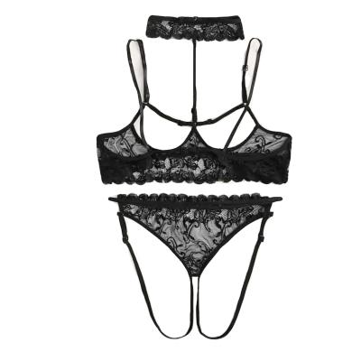 China Wear High Quality Mature Women Plus Size Bra Set Black Hollow Out Panties Lace Lingerie Set for sale