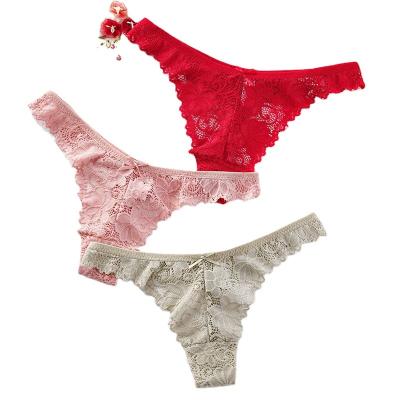 China Breathable Women Lace Up Sexy Thong Briefs Underwear Lingeries Lace Panties Thong for sale