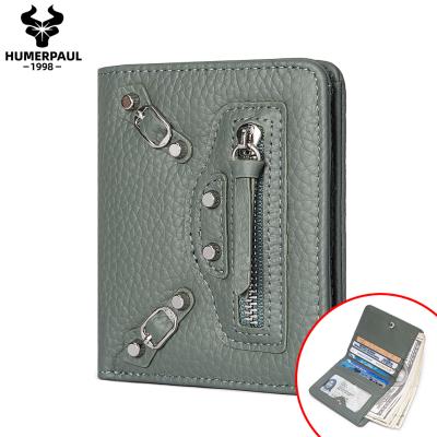 China HUMERPAUL Purse Factory Genuine Leather Lady Name Card Wallets Wholesale Slim Short Clip Money Minimalist Leather Wallet for sale