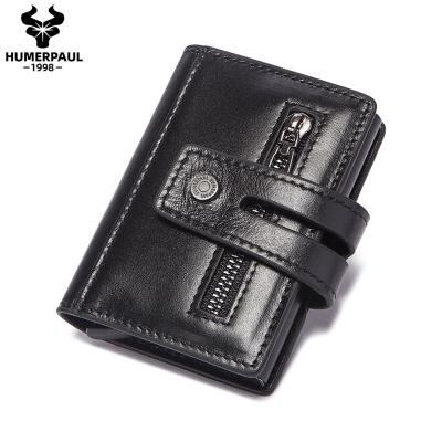 China RFID Blocking Protects HUMERPAUL Multifunctional Genuine Leather RFID Blocking Noise Blocking Button Coin Wallet Business Aluminum Metal Business Wallet for sale