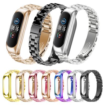 China Soprt Three Beads Strap MI Band 5 4 3 Compatible Luxury Stainless Steel Big Buckle MI Band 5 Stainless Strap for sale