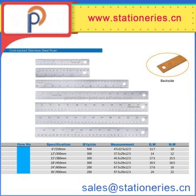 China School Student School Supply Stainless Steel Straight Metal Cork Backed Ruler for sale