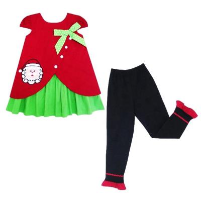 China Breathable Fashion Unique Design With Santa Embroidered For Little Girls Short Sleeve Top And Black Pants Christmas Outfit Set for sale