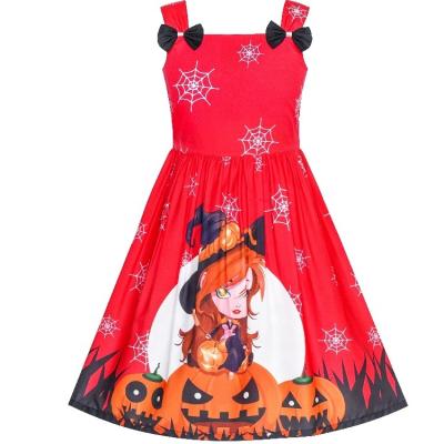 China Breathable Fancy Halloween Pumpkin Witch Printed Bow Tie Party Costume Girls Dress for sale