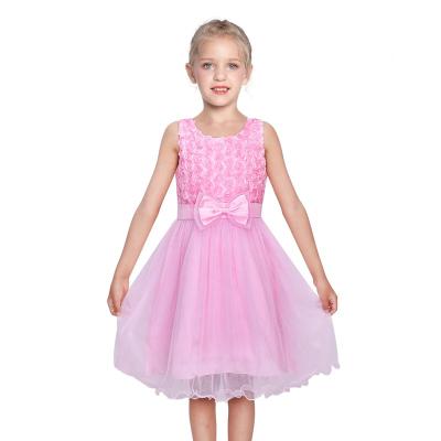 China Multi-Layers Breathable Rose Flower Pink Wedding Bridesmaid Child Clothes Girls Long Dress for sale