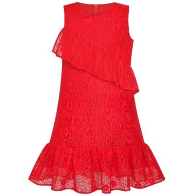 China Breathable Red Christmas Wedding New Year Birthday Party Line One Line Ruffle Lace Prom Kids Dress for sale