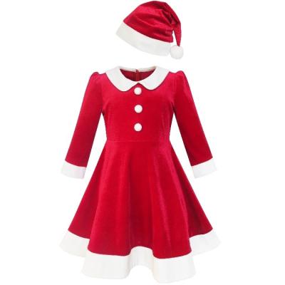 China Santa Hat Red Velvet Long Sleeve Breathable Holiday Pageant Party Costume Girls Christmas Dress for sale