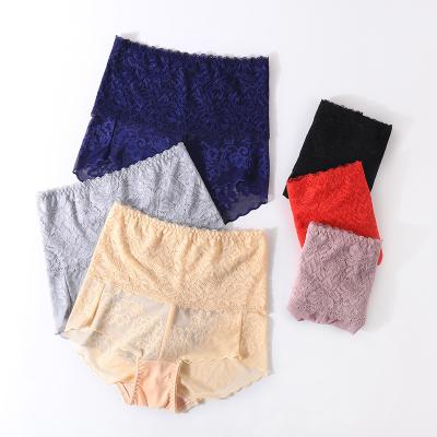 China Women's Breathable Solid Color Hipster Hollow Out Stretchy Plus High Waist Lace Panties for sale