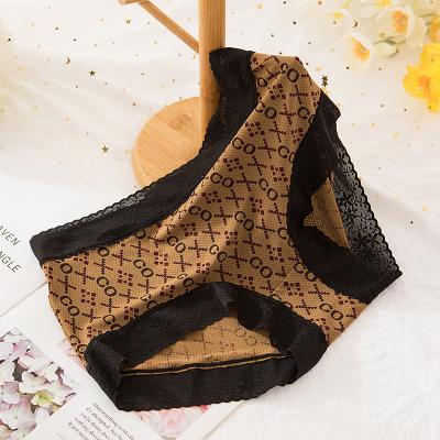 China Breathable Ladies Ice Silk Mid Lace Breathable Print Plus Size Hipster Panties for sale