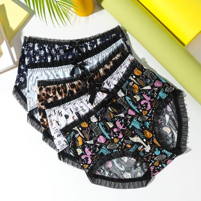 China Breathable Ladies Ice Ruffle Silk Lace Mid Waist Print Breathable Quick Dry Panties for sale