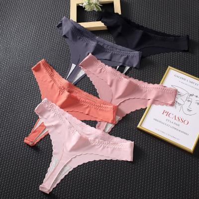 China Traceless Silk Waist G - Women's Breathable Ice Solid Color Thongs Low String Ruffle Panties for sale