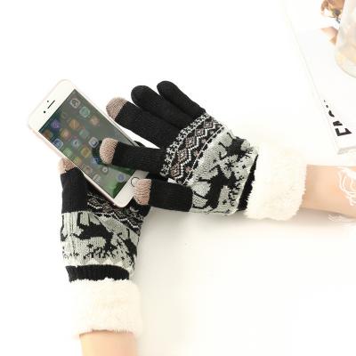 China deer jacquard screen touch iphone adult fingerglove inside with warm soft velvet coral lining for winter christmas season one size for sale