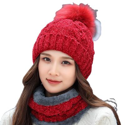 China New Arrival Winter Print Ful Pom-pom Hat And Scarf Set For Women Warm Knitted Beanie Hat for sale