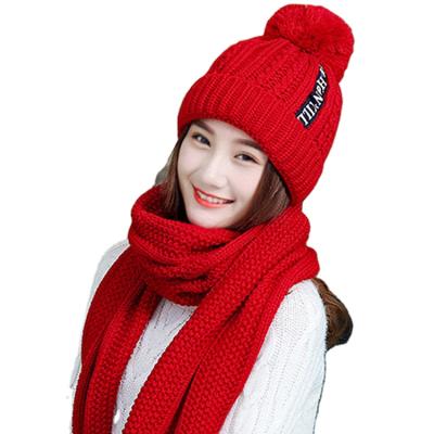 China Medium adult ladies warm and outdoor soft handfeel knit hat+ scarf set inside with fuzzy fur lining in winter season for sale