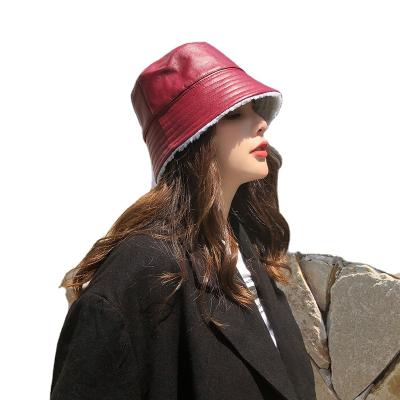 China New Fashion 100% Women PU Fisherman Hat Sun Protective Waterproof Matte Girls Leather Bucket Hat Inside With Fuzzy Soft Fur for sale