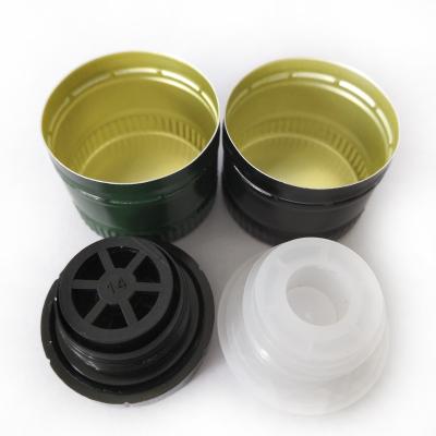 China 31.5*24 mm pilfer proof aluminum cap closure lid with plastic non refillable pourer insert for glass olive oil bottle for sale