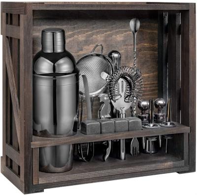 China Mix and Stir Wooden Kit Accessories Jigger Cocktail Shaker Set Stainless Steel Bartender Professional Bar Tools Holder Travel Gift for sale