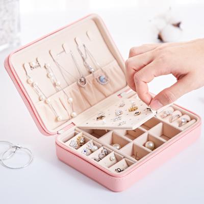 China Fashion Women Leather Organizer Small Ring Box SHH008 Velvet Storage Case Earring Zipper Jewelry Box Necklace New Sandwich Jewelry Packaging Display for sale