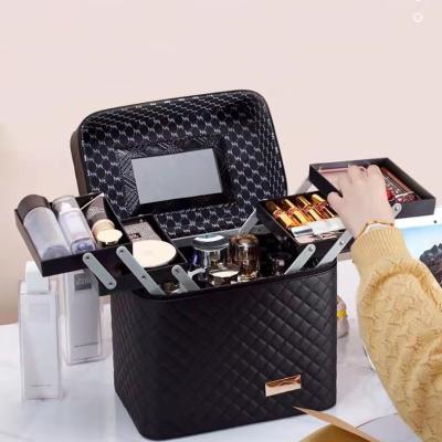 China Large Capacity Fashion Lady Pu Leather Portable Makeup Bag Travel Cosmetic Cases Storage with Mirror and Adjustable Dividers HZB003-3 for sale