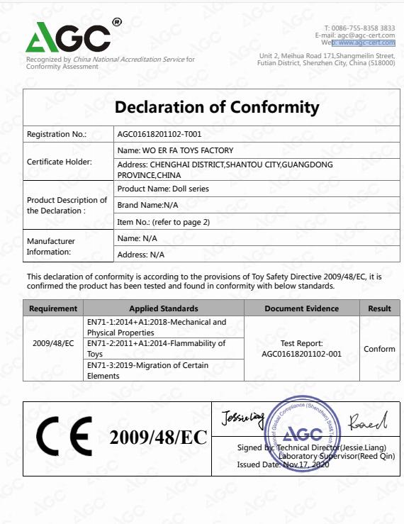 CE - Shantou Chenghai Wo Er Fa Toys Factory