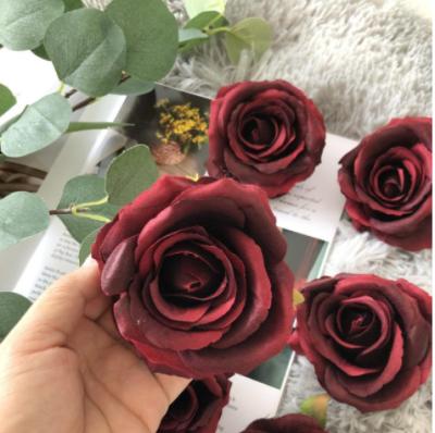 China Celebration Burgundy Rose FlowerSilk Rose Head Wholesale Wedding Artificial Flower For Wedding Centerpieces Layout for sale