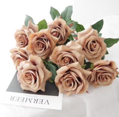 China Wholesale Beautiful Colorful Rose Flower With Long Stem Artificial Brown Silk Rose Flower For Wedding Bouquets Home Decoration for sale