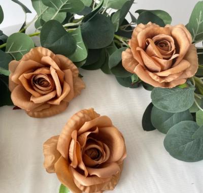 China Beautiful Caramel Colored Artificial Silk Roses Rose Only Brown Silk Flowers Head for Wedding Bouquets Centerpiece Decor for sale