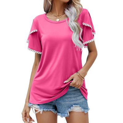 China Anti-wrinkle 2023 European and American summer new fashionable round top casual round neck fringed tulip sleeve T-shirt women loose for sale