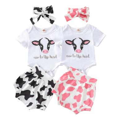 China White casual round animal print cow print baby high neck waist shorts three-piece set factory direct sales for sale