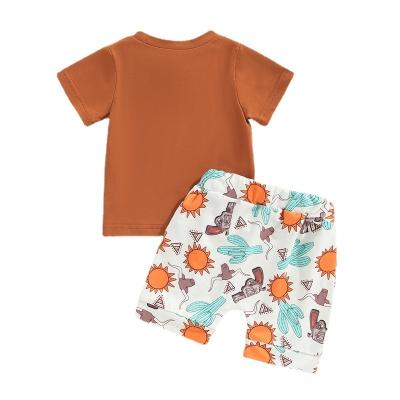 China Wholesale RTS Breathable Western Short Sleeve Cotton Pocket Shirts Orange Baby Boy Sets for sale