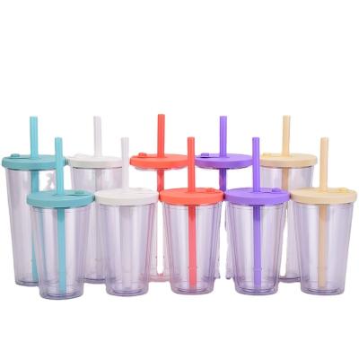 China 2022 Reusable Wall Mounted 24 Ounce Custom Popular Plastic Drinking Cold Water Bottles Bubble BOBA Double Tea Cups With Straw for sale