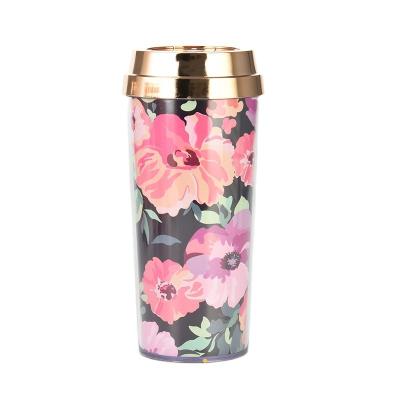 China Viable BPA Free Wall Floral Design Travel Mug Double Wall Floral Design Paper Insert With Gold Lid Coffee Tumbler for sale