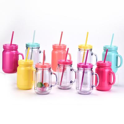 China Food Safe Grade Double Western Style Plastic Straw Mason Jar Wall With Convenient Handle Daily Life And Multi-mode Customize Design And LOGO for sale