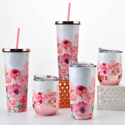 China 18/8 Stainless Steel Tumbler Disposable Double Wall Vacuum Insulated With Mother's Day Print Flower Design Wine Glass Custom Tumbler for sale